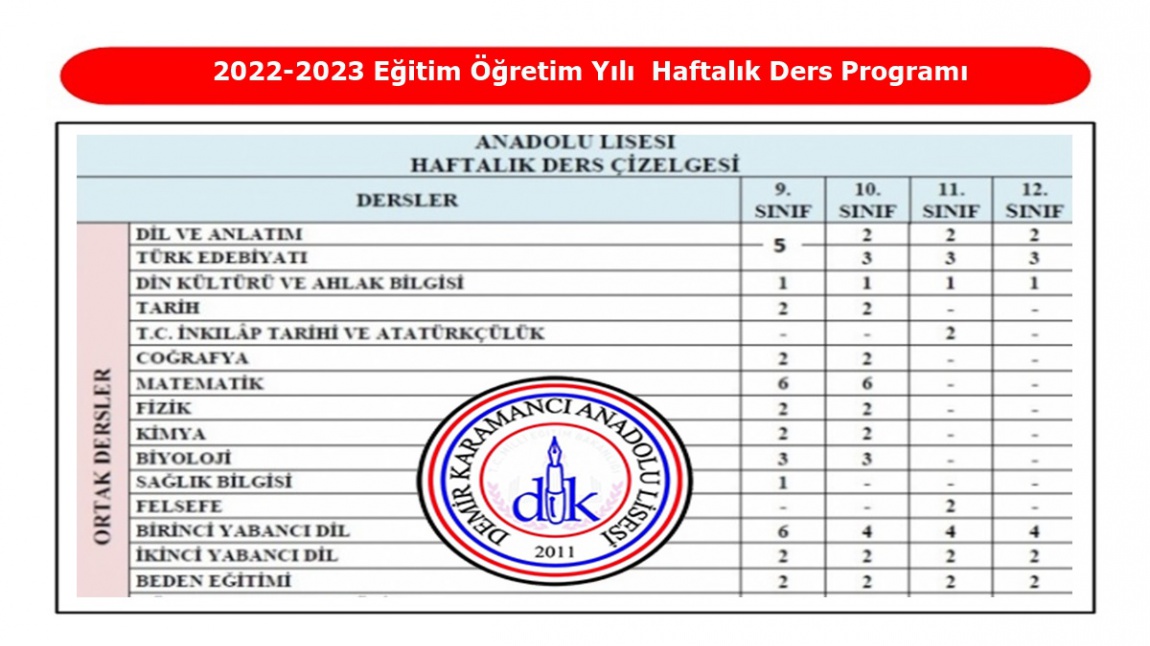 20222023 Öğretim Yılı Haftalık Ders Programı Demir Karamancı Anadolu